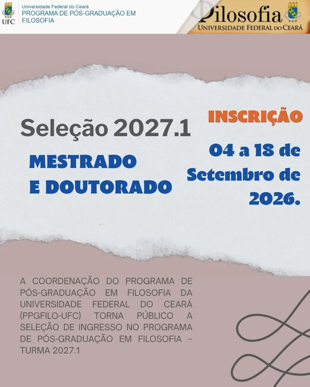 Inscrições — Seleção Mestrado/Doutorado PPGFILO-UFC 2027.1